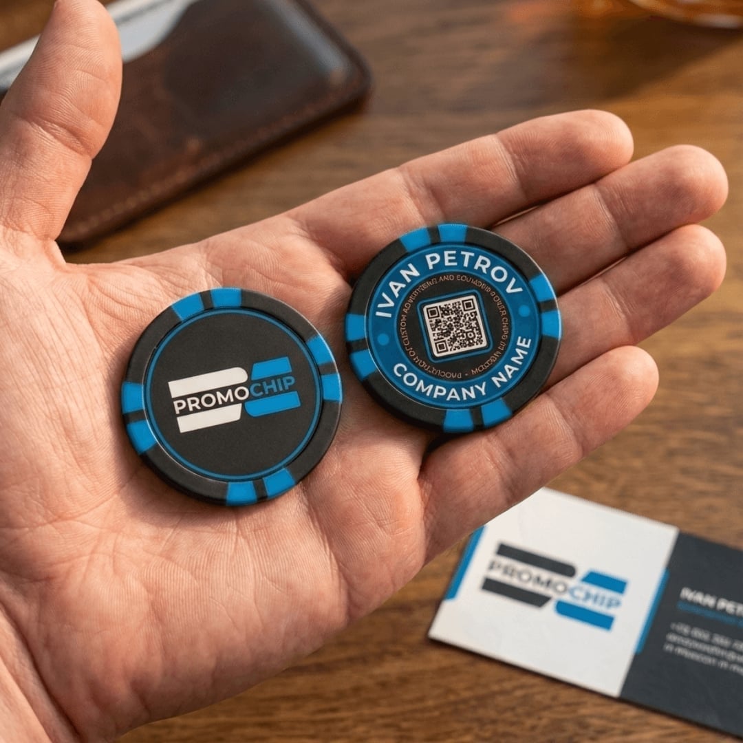 Покерная фишка-визитка Promo-Chips в руке — логотип на лицевой стороне, QR-код на обороте